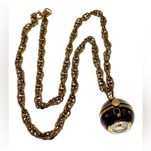 Vintage 1960s Signed Jean Perret Gold Tone Red Enamel Orb Necklace Watch Working - Picture 13 of 14
